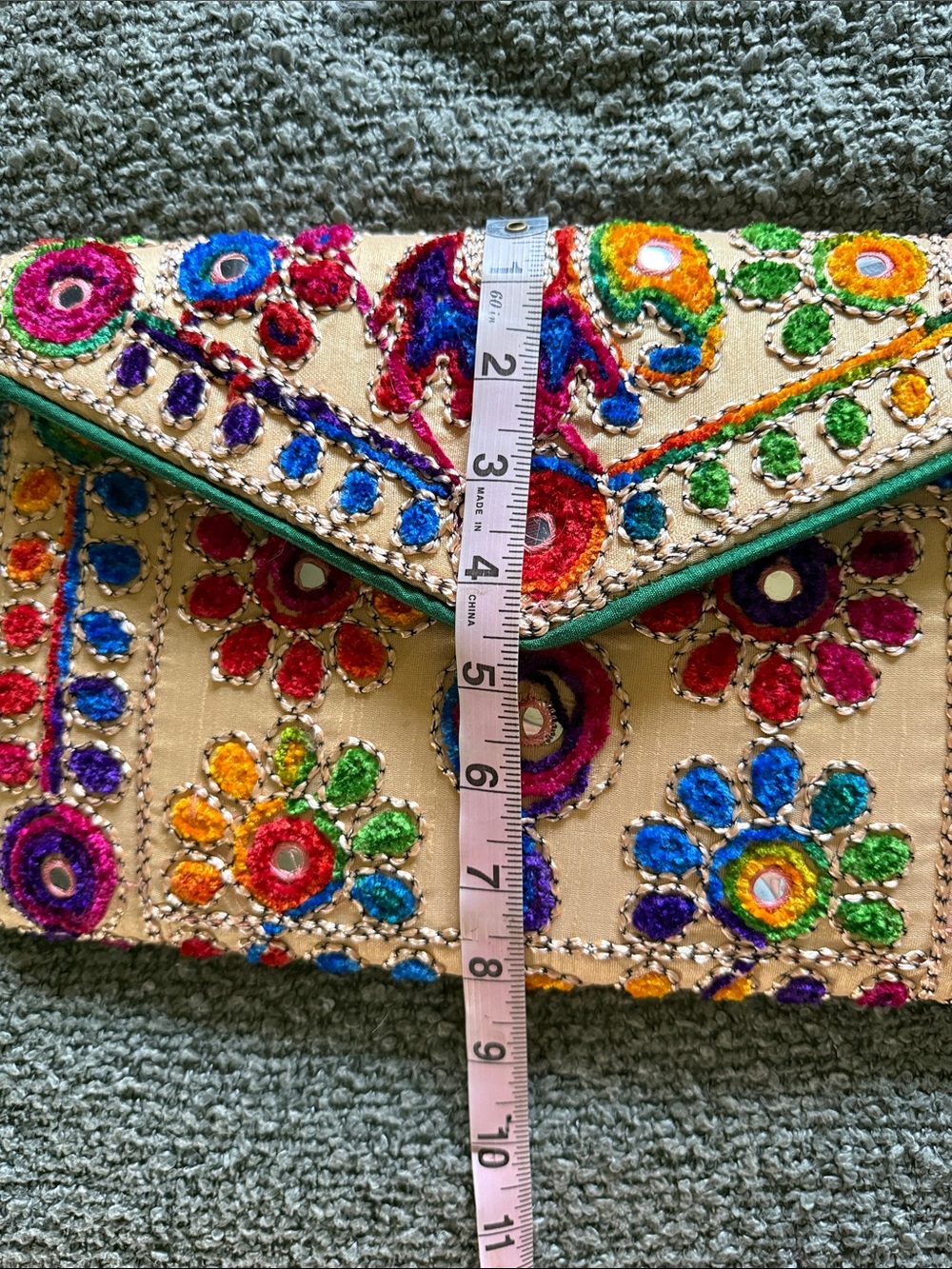 Colorful Embroidered Elephant Floral Clutch with Green Beaded Strap - Picture 7 of 7